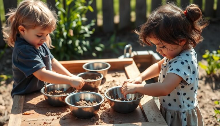 Two children playing at a mud kitchen, mixing ingredients in bowls with concentrated expressions showing developmental benefits