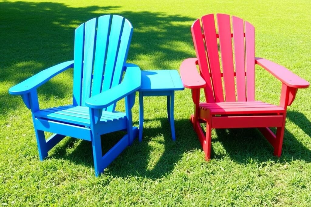 Two completed DIY Adirondack chairs on a lawn