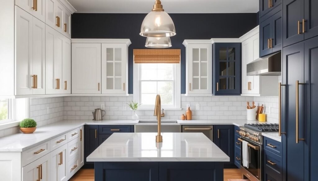 Two-tone modern kitchen with contrasting upper and lower cabinets Two-tone modern kitchen with contrasting upper and lower cabinets