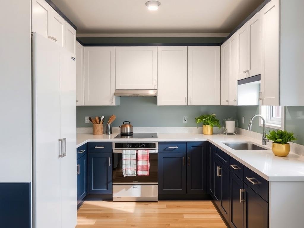 Two-tone small kitchen with light upper cabinets and darker lower cabinets Two-tone small kitchen with light upper cabinets and darker lower cabinets