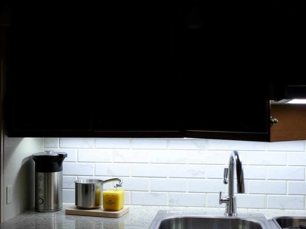 Under-cabinet lighting illuminating countertop workspace in a small kitchen Under-cabinet lighting illuminating countertop workspace in a small kitchen