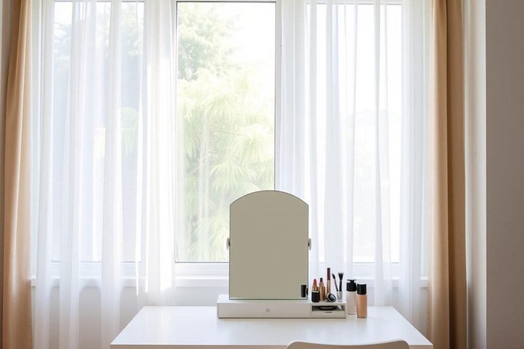 Vanity mirror positioned near a window with natural light Vanity mirror positioned near a window with natural light