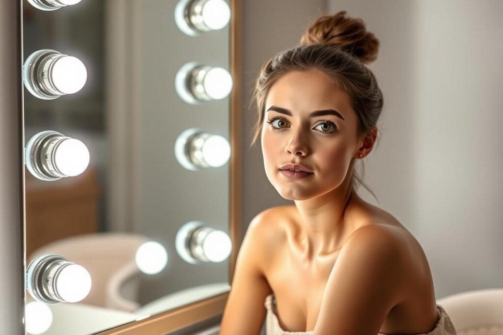 Vanity mirror with artificial lighting designed to mimic daylight Vanity mirror with artificial lighting designed to mimic daylight