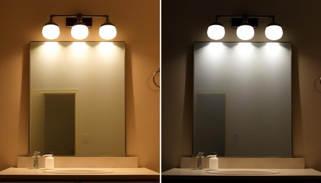 Vanity mirror with perfect lighting showing the difference between good and poor illumination Vanity mirror with perfect lighting showing the difference between good and poor illumination