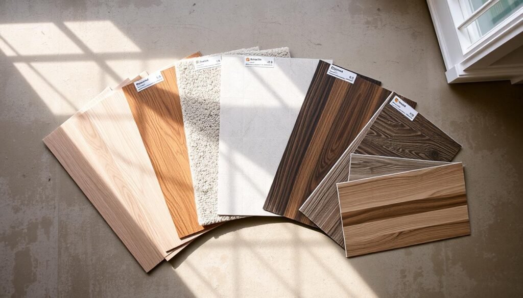 Various basement flooring options including luxury vinyl plank, carpet, and tile samples Various basement flooring options including luxury vinyl plank, carpet, and tile samples