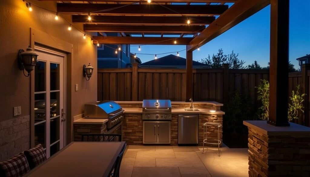 Various lighting options for small outdoor kitchen spaces