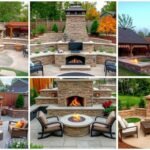 Various outdoor fireplace designs including stone, brick, and modern options