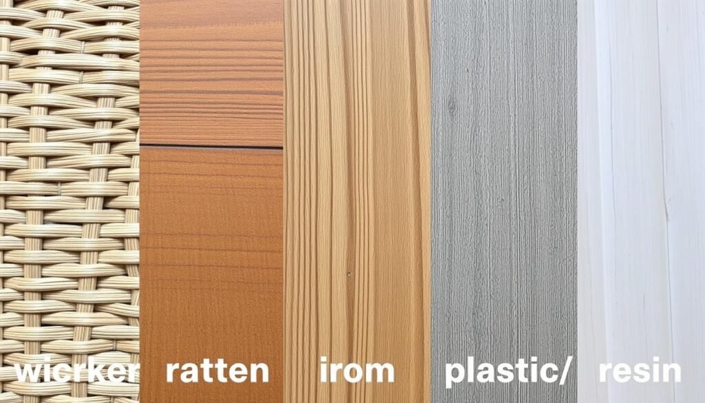 Various outdoor furniture materials displayed side by side showing different textures and finishes