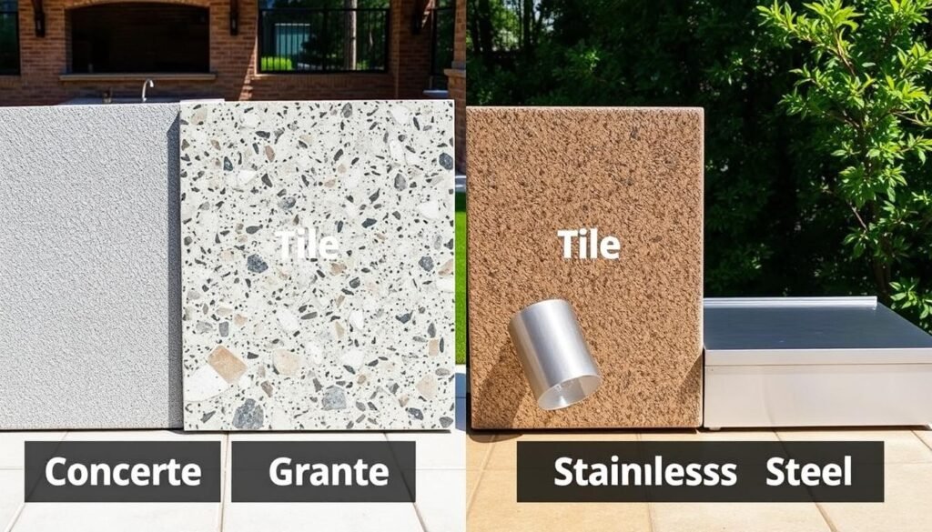 Various outdoor kitchen countertop materials displayed side by side