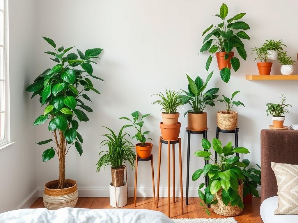 Various potted plants in a bedroom corner Various potted plants in a bedroom corner