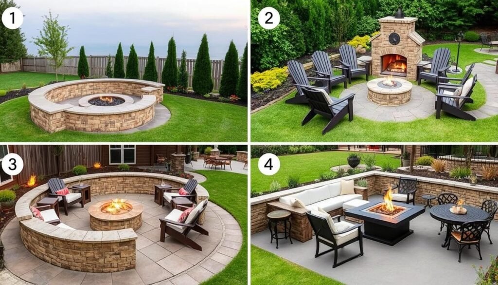 Various seating arrangements around outdoor fireplaces