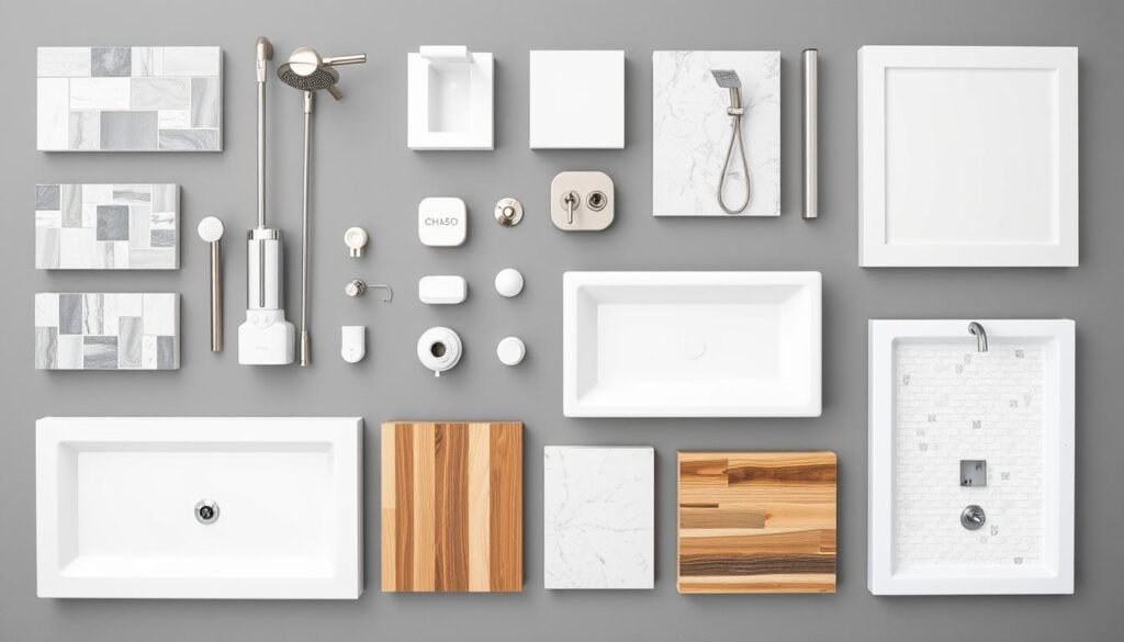 Various shower materials and fixtures with different price points Various shower materials and fixtures with different price points