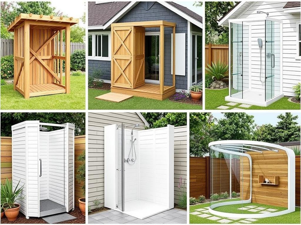 Various styles of outdoor shower enclosures from rustic to modern designs Various styles of outdoor shower enclosures from rustic to modern designs