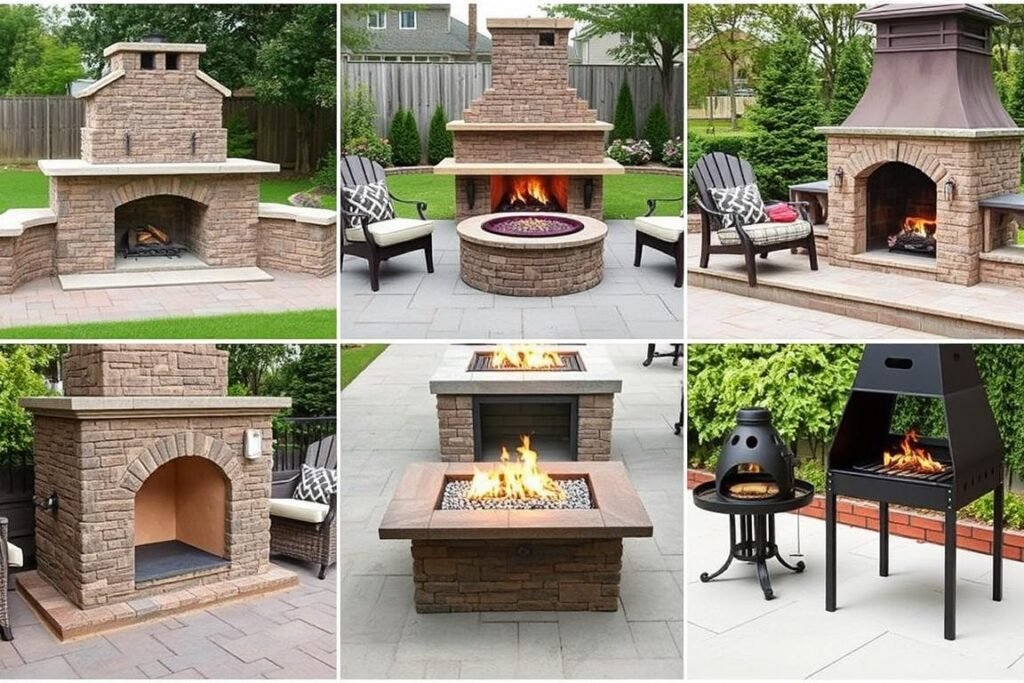 Various types of outdoor fireplaces arranged in a patio setting
