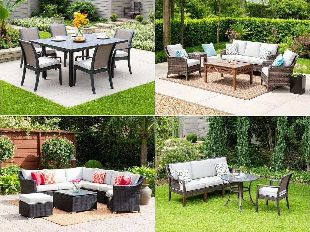 Various types of outdoor furniture sets displayed in a garden setting