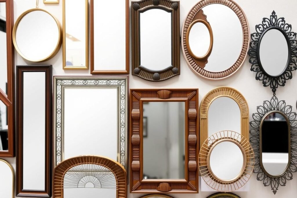 Various wall mirror frame styles including metal, wood, and natural materials displayed together Various wall mirror frame styles including metal, wood, and natural materials displayed together