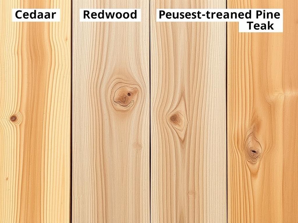 Various wood types used for DIY outdoor furniture including cedar, redwood, and pressure-treated pine
