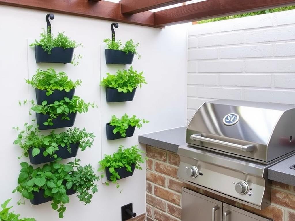 Vertical herb garden in small outdoor kitchen design