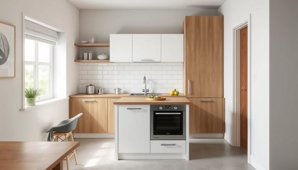 Very small kitchen with narrow island providing extra counter and storage space Very small kitchen with narrow island providing extra counter and storage space