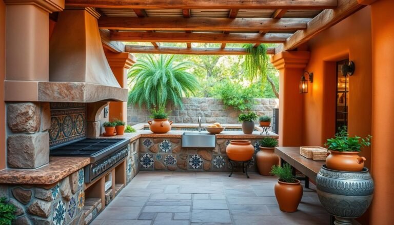 Vibrant Mexican outdoor kitchen with colorful tiles, rustic stone grill, and wooden pergola