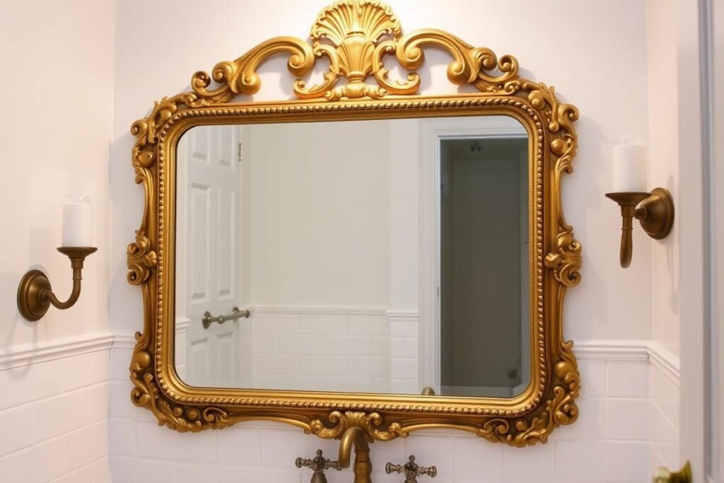 Vintage-inspired bathroom mirror with ornate gold frame in a traditional bathroom Vintage-inspired bathroom mirror with ornate gold frame in a traditional bathroom