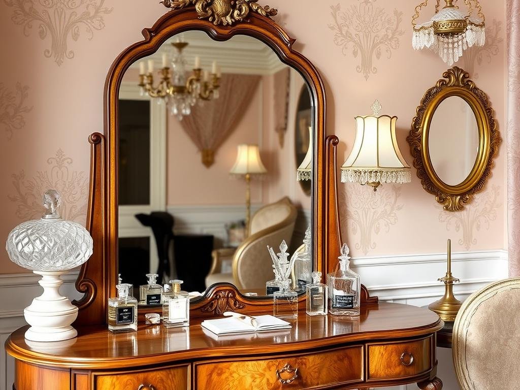 Vintage-inspired beauty room with antique vanity and ornate mirror