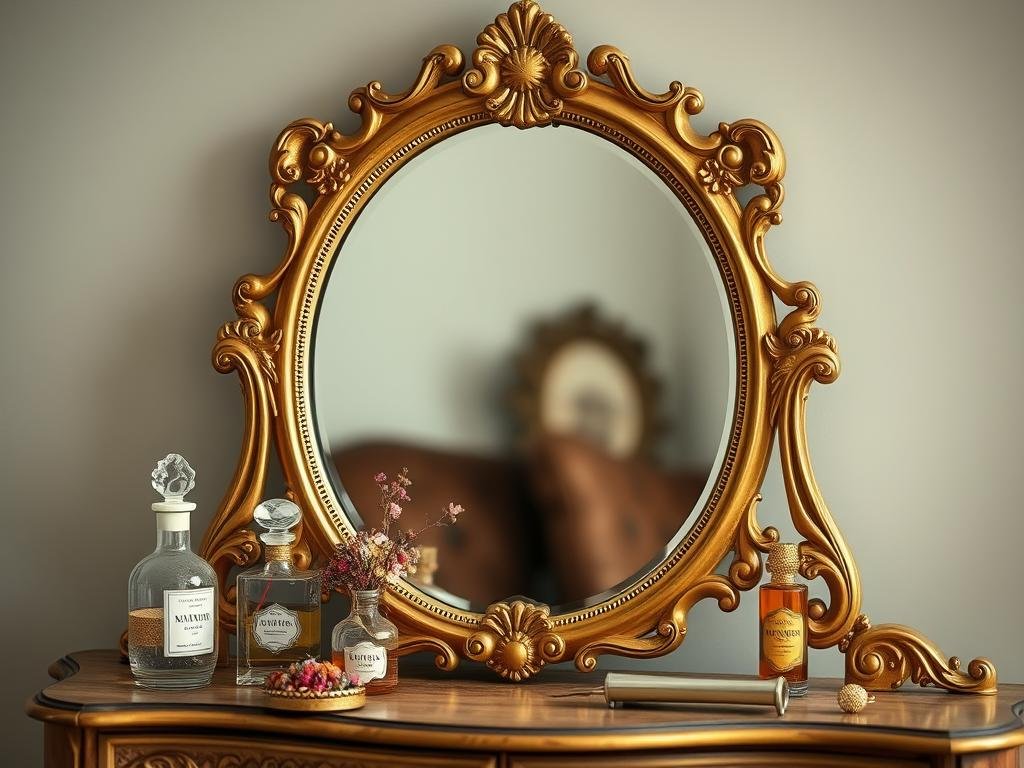 Vintage-inspired vanity mirror with ornate gold frame Vintage-inspired vanity mirror with ornate gold frame