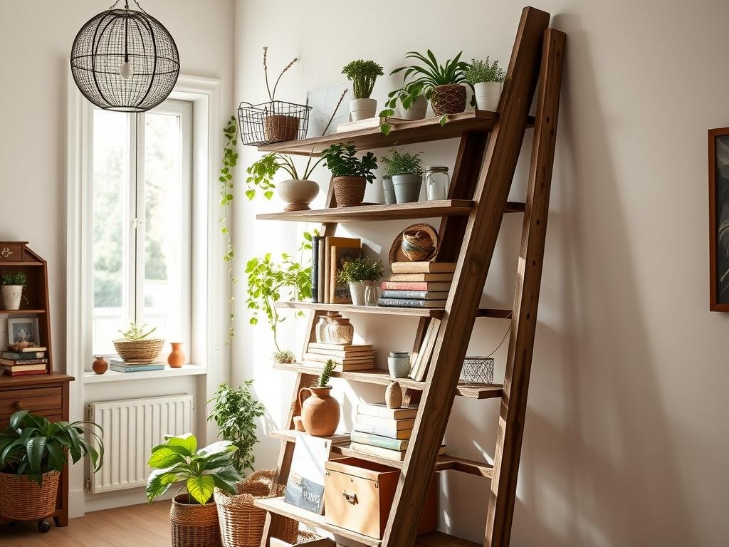 Vintage ladder repurposed as a decorative shelf with plants and books Vintage ladder repurposed as a decorative shelf with plants and books
