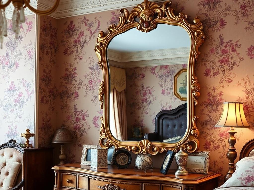 Vintage-style ornate mirror with gold frame in classic bedroom Vintage-style ornate mirror with gold frame in classic bedroom