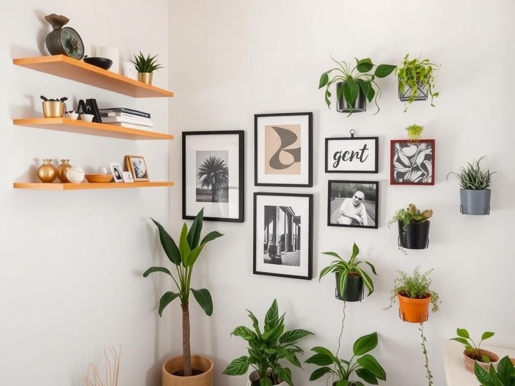 Wall decor in a small room including floating shelves and vertical art arrangements Wall decor in a small room including floating shelves and vertical art arrangements