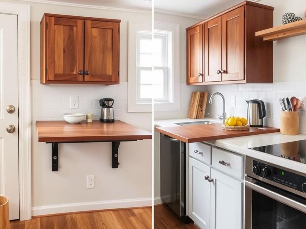 Wall-mounted drop-leaf table in a small kitchen that folds down when not in use Wall-mounted drop-leaf table in a small kitchen that folds down when not in use