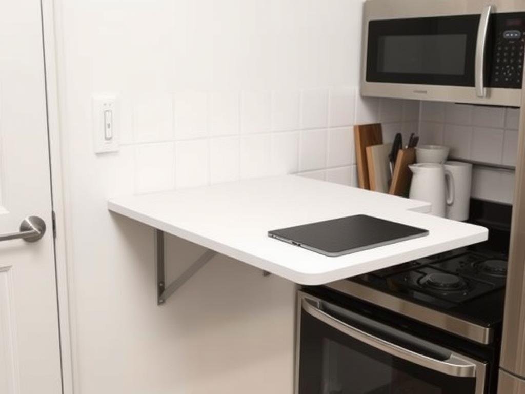 Wall-mounted fold-down table providing extra workspace in a small kitchen Wall-mounted fold-down table providing extra workspace in a small kitchen