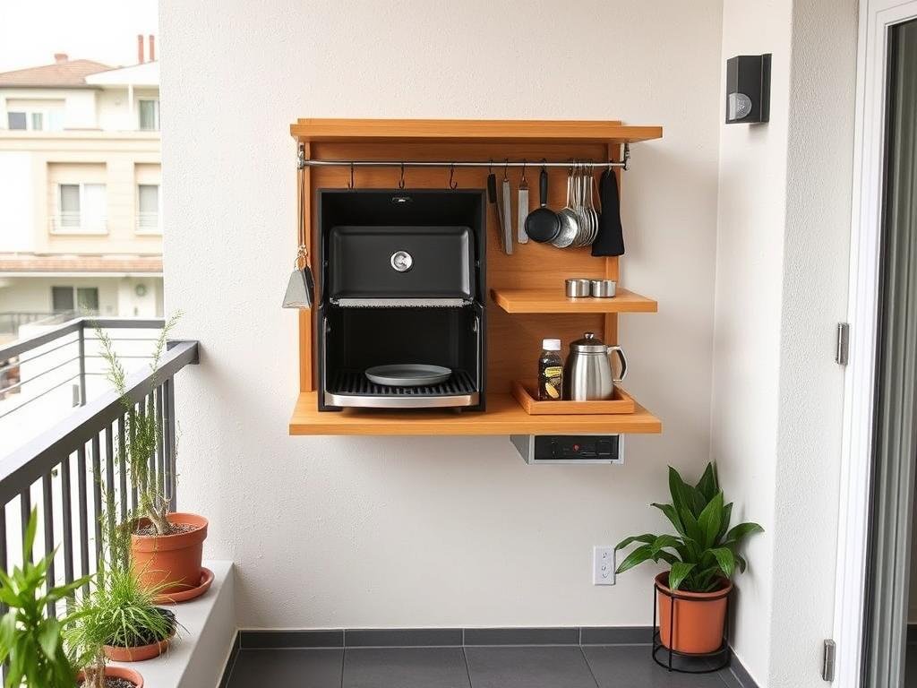Wall-mounted folding outdoor kitchen with grill and prep surface