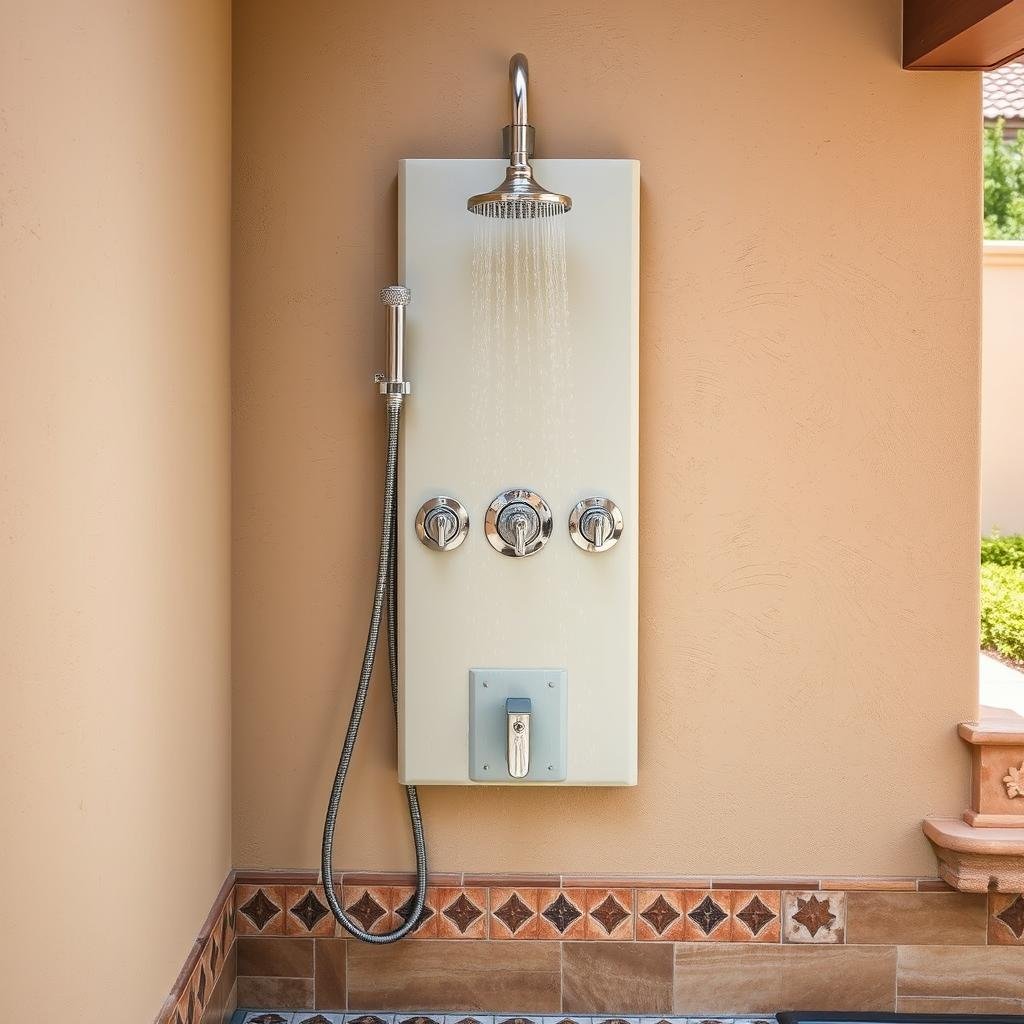 Wall-mounted outdoor shower with hot and cold water controls near a pool area