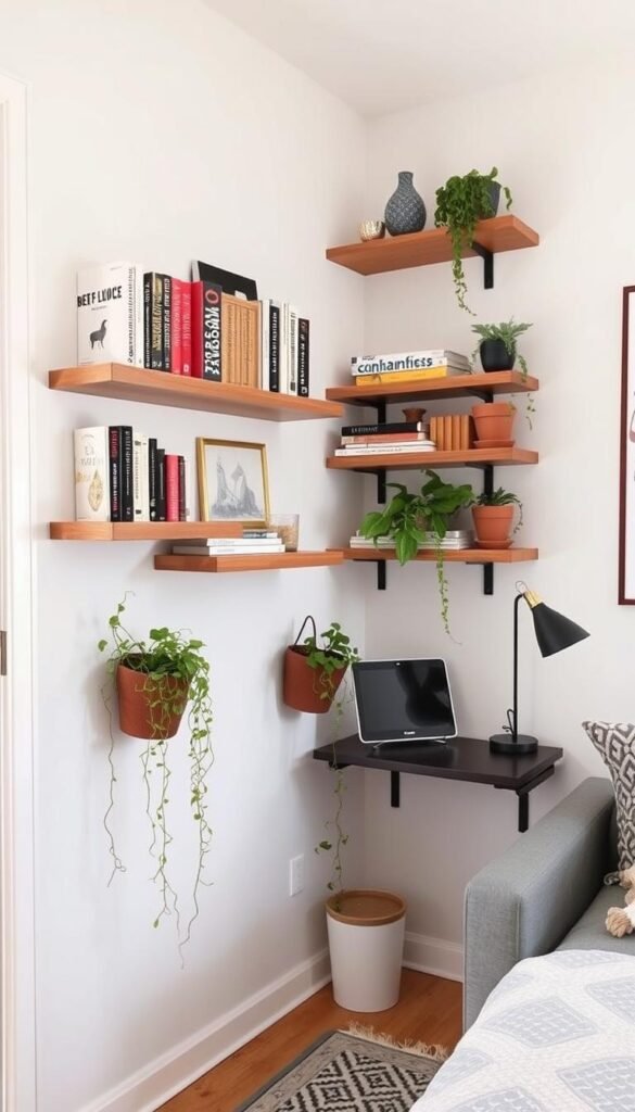 Wall with vertical storage solutions including floating shelves and hanging plants
