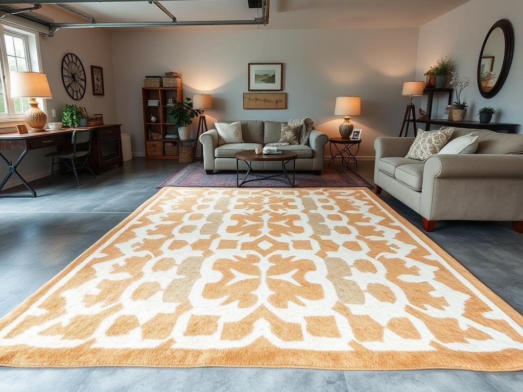 Warm and cozy area rug placed over finished garage floor in a living space conversion Warm and cozy area rug placed over finished garage floor in a living space conversion