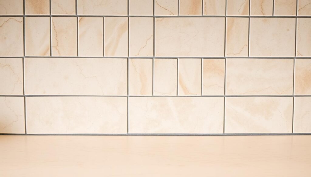 Warm neutral kitchen backsplash in herringbone pattern with subtle texture Warm neutral kitchen backsplash in herringbone pattern with subtle texture