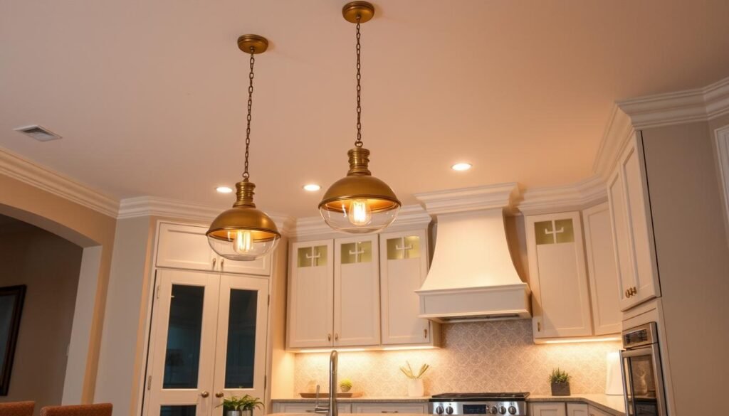 Warm neutral kitchen with layered lighting including pendants and under-cabinet lights Warm neutral kitchen with layered lighting including pendants and under-cabinet lights