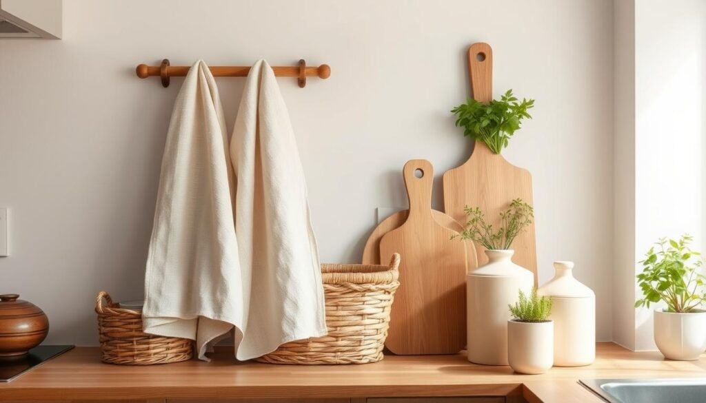 Warm neutral kitchen with textured textiles, wooden accessories, and plants Warm neutral kitchen with textured textiles, wooden accessories, and plants