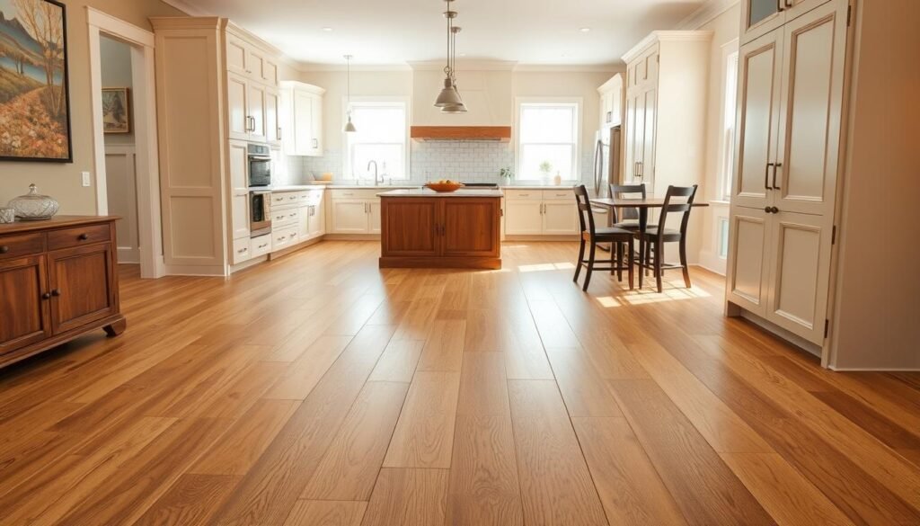 Warm oak hardwood flooring in a neutral kitchen with island Warm oak hardwood flooring in a neutral kitchen with island