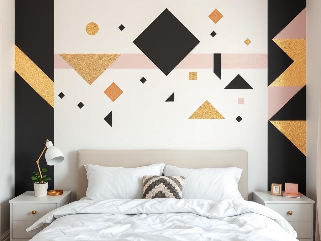 Washi tape wall design creating a geometric pattern on a bedroom wall Washi tape wall design creating a geometric pattern on a bedroom wall