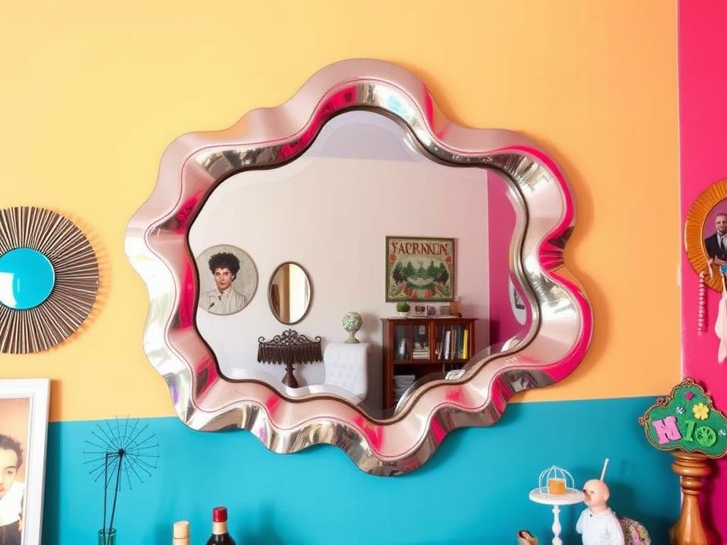 Wavy irregular shaped mirror with iridescent frame creating artistic reflection Wavy irregular shaped mirror with iridescent frame creating artistic reflection
