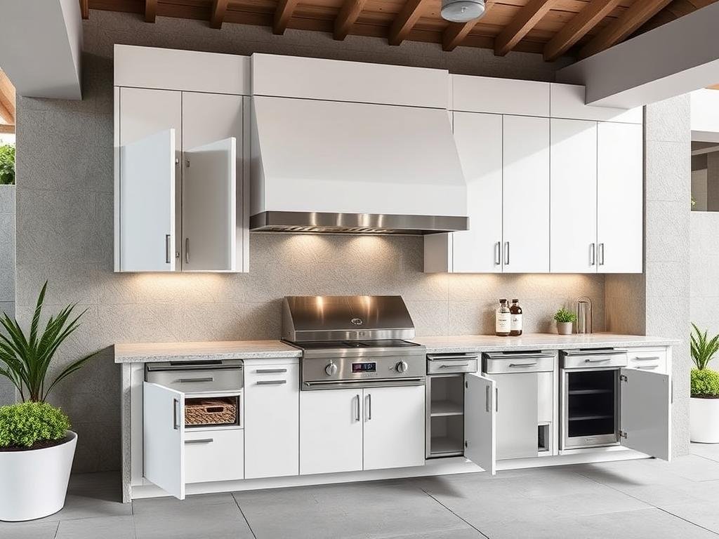 Weather-resistant outdoor kitchen cabinets in a modern design Weather-resistant outdoor kitchen cabinets in a modern design