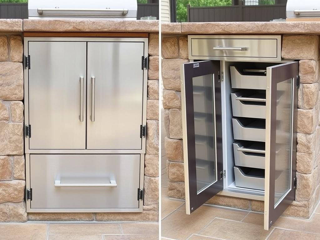 Weather-resistant outdoor kitchen storage cabinets