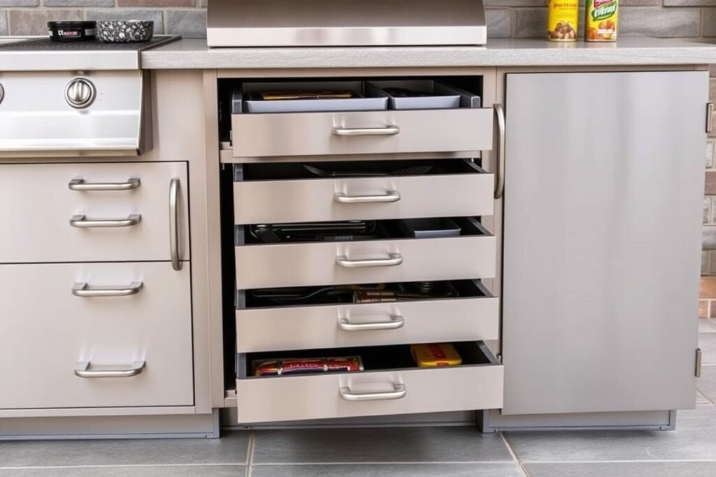 Weather-resistant stainless steel storage drawers and cabinets
