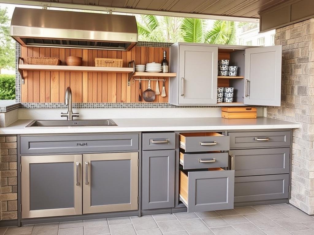 Weather-resistant storage cabinets for outdoor kitchen