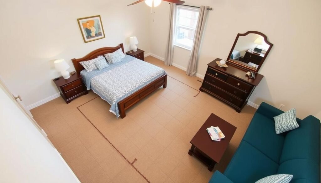 Well-arranged bedroom with balanced furniture placement and clear pathways