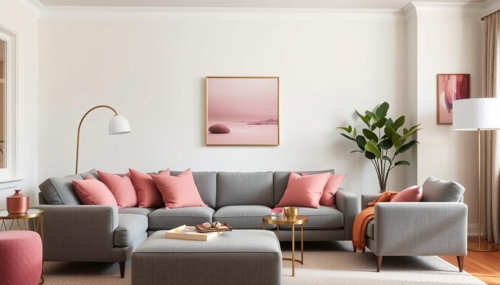 Well-balanced living room with pink accents against neutral backdrop