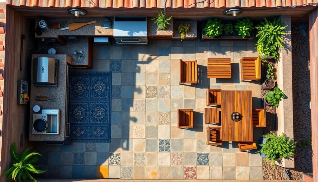 Well-designed Mexican outdoor kitchen layout showing functional zones and flow Well-designed Mexican outdoor kitchen layout showing functional zones and flow