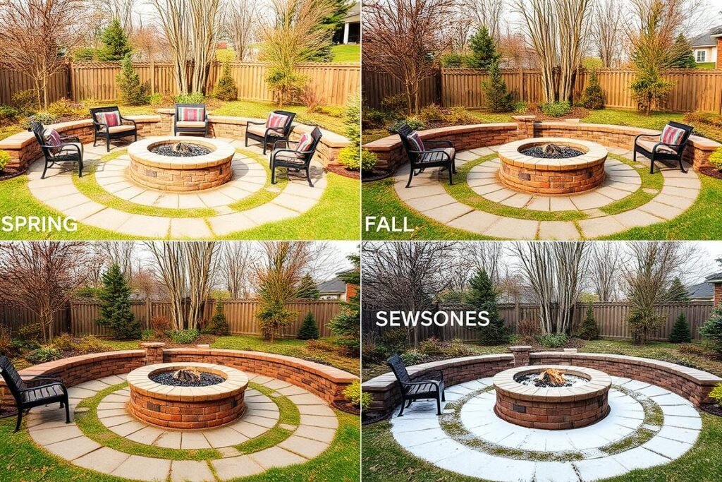 Well-maintained outdoor fire pit area in different seasons